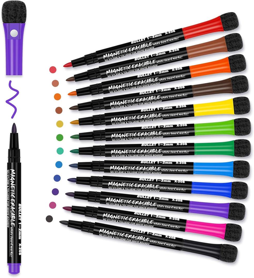 Magnetic Dry Erase Markers Fine: 12 Colors Erasable Whiteboard Markers Fine Point with Eraser Cap, Low Odor White Board Dry Erase Pens Fine Tip for Kids & Teachers, Home, Office and School Supplies