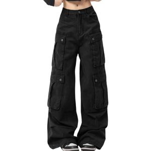 Hugboom Baggy Cargo Pants for Women Men High Waisted Y2k Hip Hop Grunge Pants with Pockets Casual Streetwear Black-M