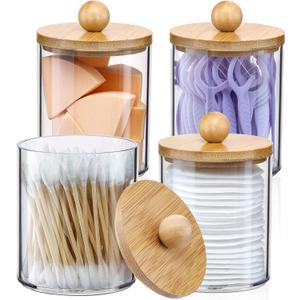 3 x 4 Pack Qtip Holder Dispenser with Bamboo Lids - 10 oz Clear Plastic Apothecary Jar Containers for Vanity Makeup Organizer Storage - Bathroom Accessories Set for Cotton Swab, Ball, Pads, Floss