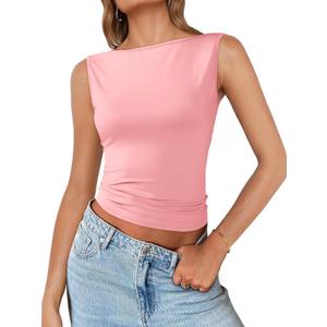 Imily Bela Womens Going Out Casual Tank Tops 2025 Trendy Summer Basic Sleeveless Backless T Shirts Cute Slim Fit Y2K Tee (Small, Pink)