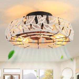 Boho Caged Ceiling Fans with Lights and Remote 20" Flush Mount 6-Speed Reversible Enclosed Low Profile Handmade Cotton Rope Ceiling Fan with Light 4 Bulbs,for Bedroom, Living Room, Kitchen (Cream Leaves)