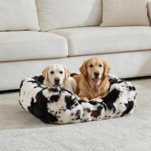 Washable Orthopedic Dog Bed,Rectangle Fleece & Luxury Pet Bed with Removable Zipper Cover & Anti-Slip Bottom,Suitable for Medium Large Dogs,40x30x7.5inches,Cow