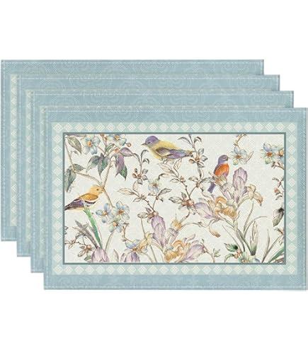 Blue Birds Flowers Blossom Set of 4 Table Mats, Washable Place Mats for Home Party Indoor Kitchen Dining Table Decoration 12''x18''