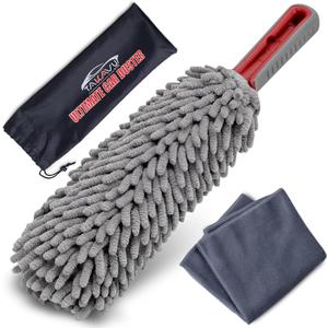 Car Duster Interior by TAKAVU, 360 Microfiber Fingers, Unbreakable Comfort Handle, Lint and Scratch Free, Include Microfiber Towel, for Car & Home Use, The Best Auto Accessories Gray