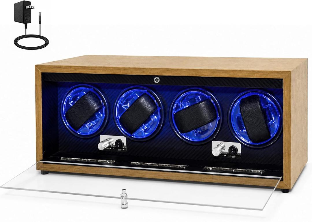 4 Slots Watch Winder for Automatic Watches, Walnut Winding Watch Box with Blue LED & Japanese Quiet Motor for Rolex and Auto Watches, Wooden Rotating Watch Case Used for Display, Storage & Gift