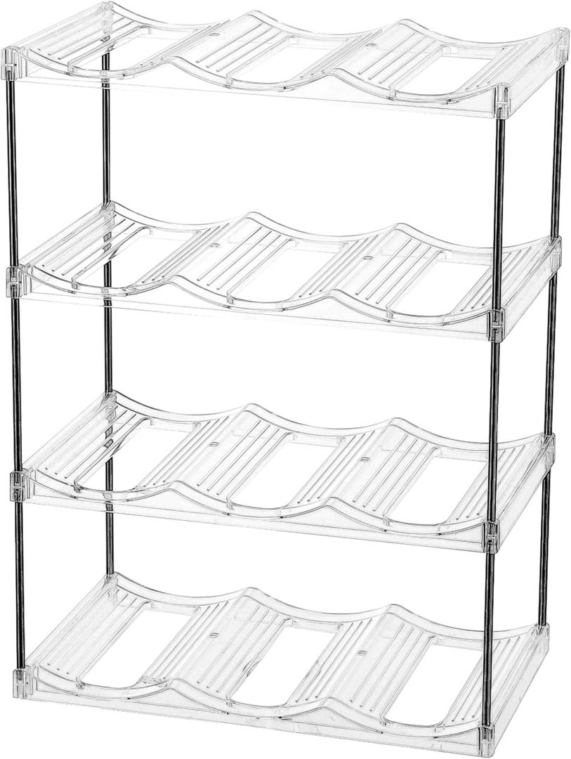 IEEK 4 Tier Stackable Liquor and Water Bottle Holder Free-Standing Fridge Liquor Bottle Organizers Clear Plastic Water Bottle Holder for Cabinet, Refrigerator, Pantry, Kitchen Countertops, Holds 12 Bottles
