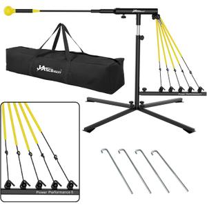 Baseball Swing Trainer with 5 Power Bands,Height Adjustable 31-47 inches Baseball Hitting Trainer, Auto Reset Baseball Training Equipment Softball Swing Trainer with Metal Stakes & Carry Bag