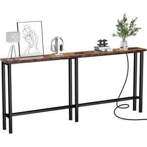 Keelian 78" Narrow Console Sofa Table with Power Outlets & 2 USB Ports, Metal Frame, Rustic Brown, Perfect for Hallway, Office, and Behind Sofa - Easy Assembly, 4.9' Extension Cord Included