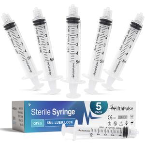 5 ml Syringe without Needle - 5 Pack of Individually Wrapped Disposable Syringes - Good for Medical, Scientific Lab, Home Use, and More - Sterile Luer Lock Syringes