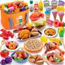 Juboury Pretend Play Food Set for Toddlers, Cutting Toy Food with Storage Bag, Stainless Steel Tray and Plates, Food Toys with Veggies, Fruits, Dessert, Pizza Toy, Play Kitchen Accessories for Kids