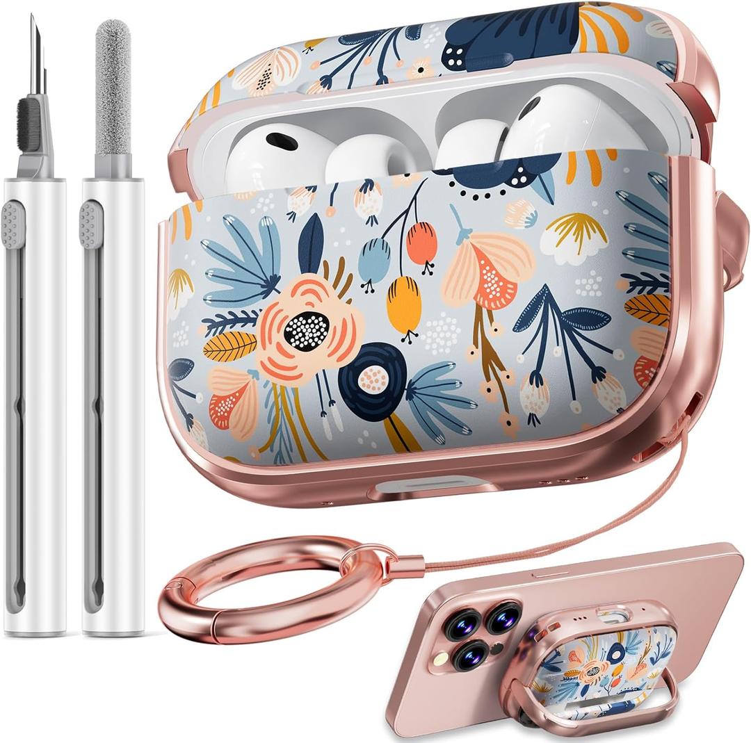 Inesore for AirPods Pro 3 Case 2025 with Lock, for Women Girly Floral Cute Case Compatible with Apple Airpods Pro 3rd Generation Cover, with Phone Stand, Keychain & Cleaner Kit-Blue Flower