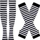 Tongcloud Women's Striped Knee High Socks, Over Knee Thigh High Socks, Arm Warmer and Fingerless Gloves Set (Black and White)
