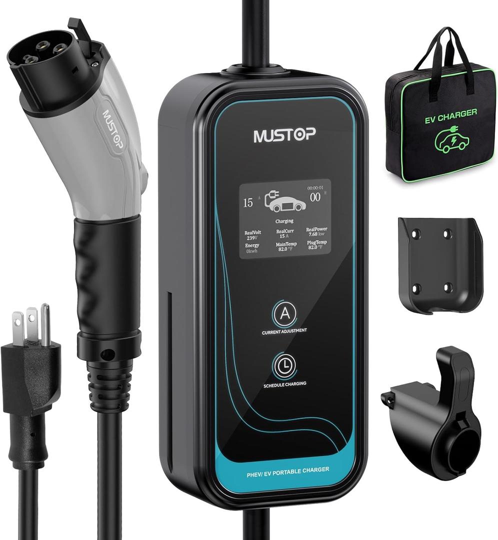 EV Charger Level 1 (NEMA 5-15 /15A /110V / 25ft),EVSE Adjustable Currents 6A-16A,IP65 Waterproof Home EV Charging Station, with LCD Screen and Timing Delay for All J1772 EVs