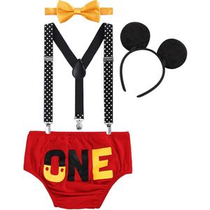 FYMNSI Baby Boys 1st Birthday Cake Smash Costume Photo Props 4PCS Outfits Suspender Bloomers Bowtie Headband 12-18 m