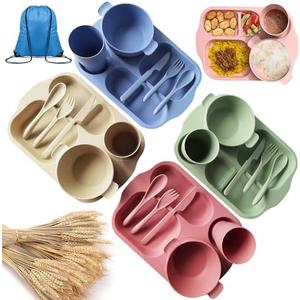 25 Pcs Wheat Straw Dinnerware Sets BPA Free Lightweight Bowl Reusable Dinner Plates Microwave Dishwasher Safe Cup Portable Spoon Knife Fork Dinnerware for Kids Aldult Home School Office Picnic Travel