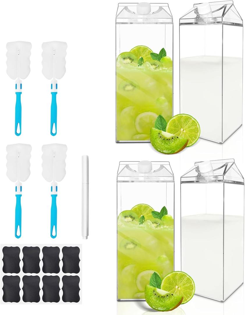64 Oz Large Clear Milk Carton Container Plastic Square Milk Water Bottle Milk Container for Refrigerator for Outdoor Climbing Tour or Camping (4 Pcs)