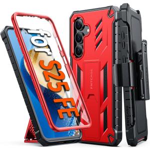 FNTCASE for Samsung Galaxy S25-FE Case: Military Grade Rugged Cell Phone Cover with Kickstand & Holster | Shockproof TPU Protection Bumper Matte Textured Design for Galaxy S25 FE Cases 6.7inch - Red