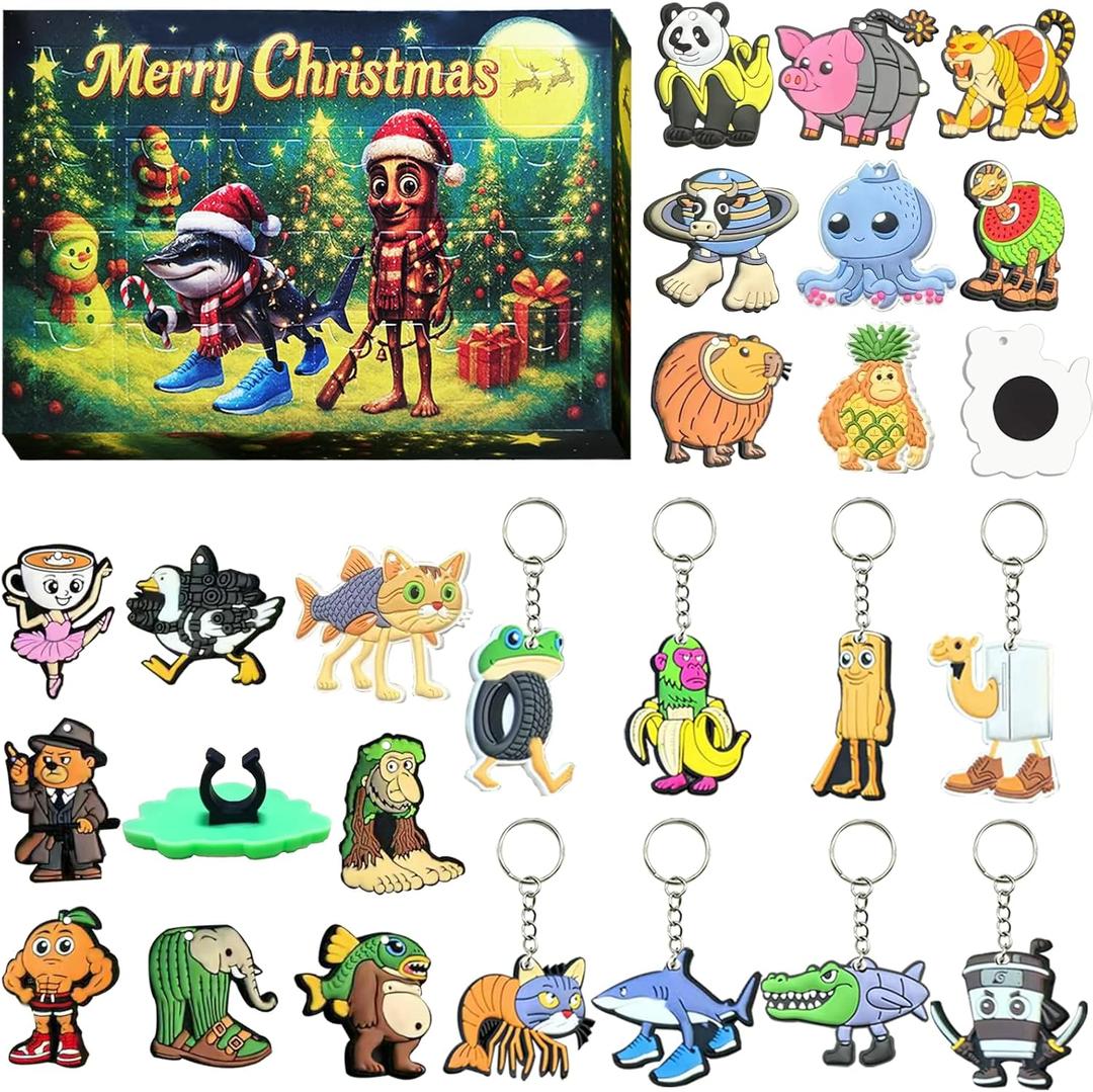 Italian Brainrot Advent Calendar 24 Days Countdown, Christmas Advent Calendar for Kids Ages 3+, 24-Piece Mini Figurines with Pencil Toppers, Keychains & Magnets, Gift Set for Boys Girls