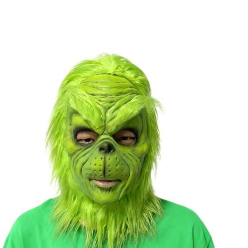 WPOZD Deluxe Christmas Mask with Santa Hat, Green Plush Fur, Holiday Costume Accessory Green Mask