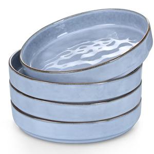 Herogo 34oz Stoneware Plates and Bowls Set of 4 for Salad Soup Cereal, Large Wide Shallow Stackable Serving Ceramic Pasta Bowls Dishes Sets, Microwave & Dishwasher Safe, Haze Blue
