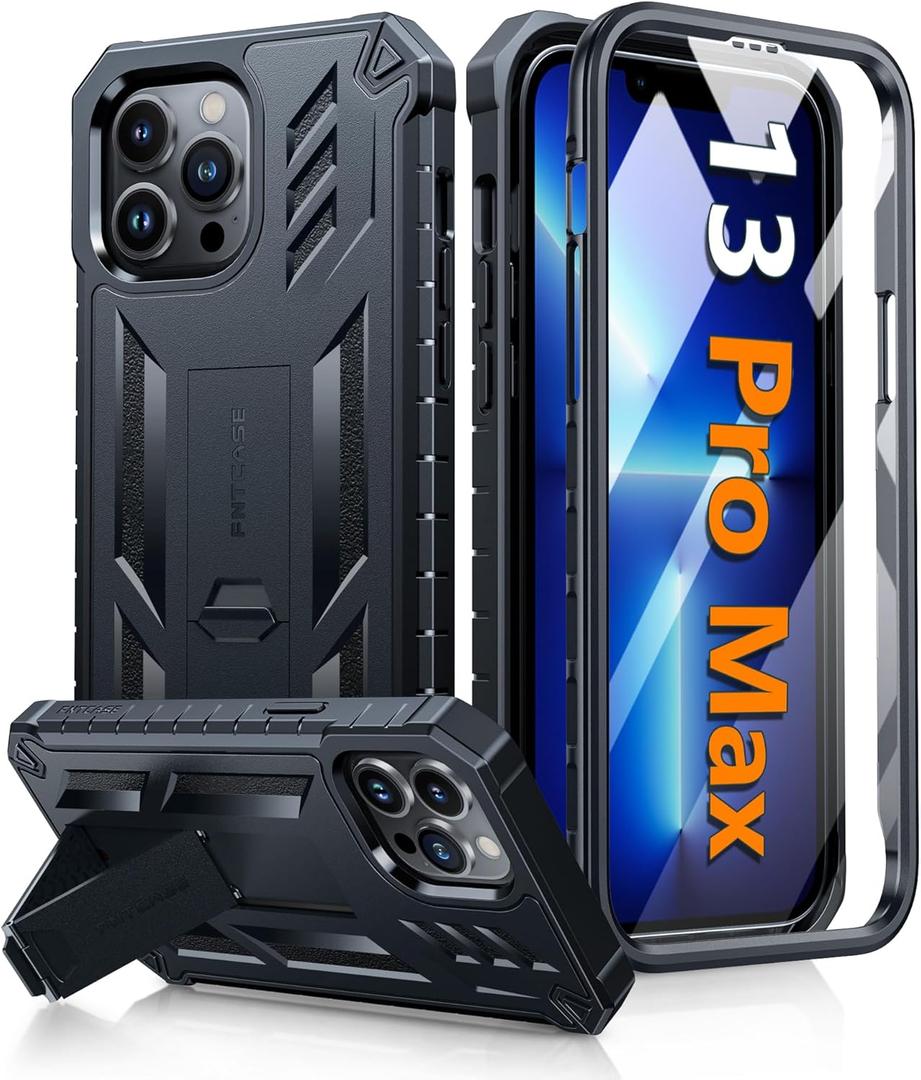 FNTCASE for iPhone 13 Pro Max Case: [Built-in Screen Protector & Kickstand] [Military Grade Drop Protection] Heavy Duty Full Protective Matte Textured Shockproof TPU Rugged Phone Cover - Black