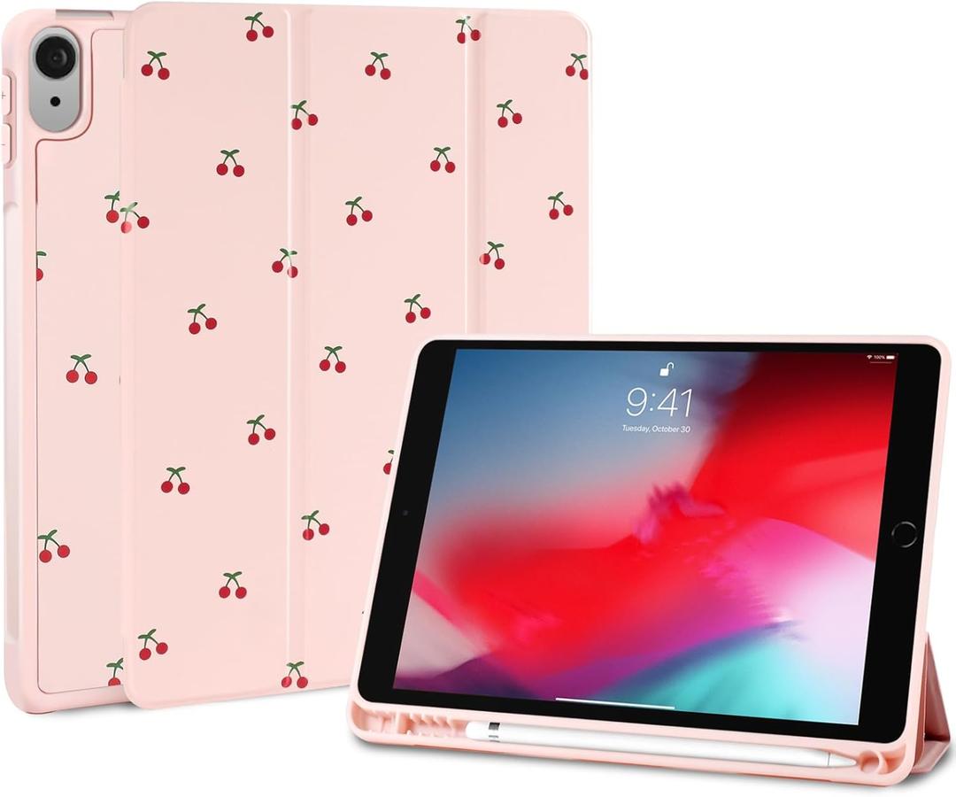 Compatible with iPad (A16) 11th Generation 11 Inch 2025/iPad 10th Generation 10.9 Inch 2022 Case,Pink Cute Cherry Design with Pencil Holder Shockproof Flexible TPU Protective Cover