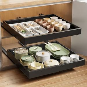 MUSTORN 2 Pack Pull Out Cabinet Organizer Expandable, 21"Deep Slide Out Drawer for Cabinets Adhesive Pull Out Drawers Heavy Duty Pull Out Shelves for Kitchen, Cupboard, Pantry, Bathroom(Black)