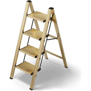HillhutApex 4 Step Stool, Aluminum Foldable Step Ladder, Lightweight Stable Stool with Wide Non-Slip Pedals, 330lbs Bearing Capacity Ladder for Office, Home, Kitchen - Gold