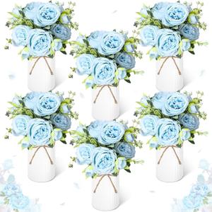 Domensi 6 Sets Wedding Floral Centerpiece for Table Decor, Artificial Peonies Silk Flowers Bouquet with Flower Foam and Metal Vase Faux Floral Arrangement for Bridal Shower Tea Party (Light Blue)