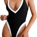 Color Block Swimsuit, Plunge V Neck High Cut, Pool Party Vacation, Sexy Backless One Piece Bathing Suit Cheeky (Medium, Black White)