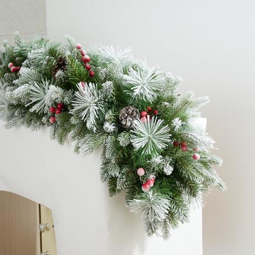 9ft Artificial Christmas Snow Garland with 50 Clear Lights, Plug in, Pine Cone, Red Berry Battery Powered String Light for Outdoor Indoor, Home Decoration Mantle Stairs Railing Fireplace Door