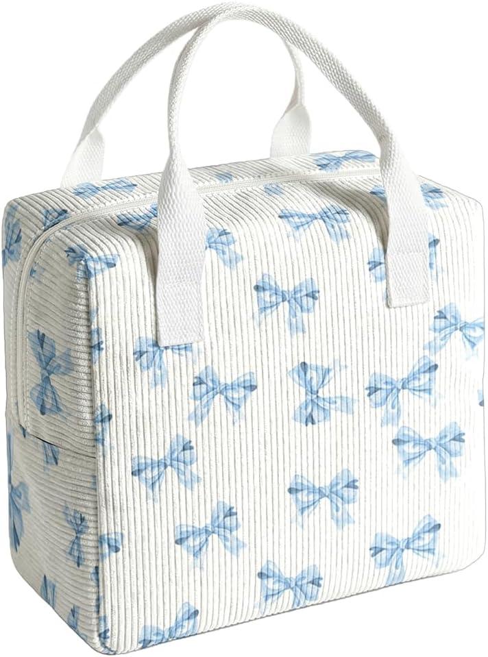 Blue Bow Lunch Box for Women and Men, Insulated Fabric Lunchbag for Work, Leakproof Adult Lunchbox, Cooler Lunch Tote Bag for Offices College Picnic Travel Outdoor