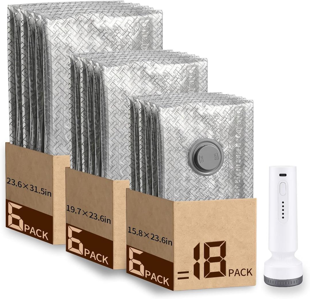 Travel Vacuum Seal Bags for Clothing,Vacuum Storage Bags with Rechargeable Pump,18 Pack Space Saver Compression for Clothes,Blankets,Bedding,Suitcase Luggage Seasonal Storage
