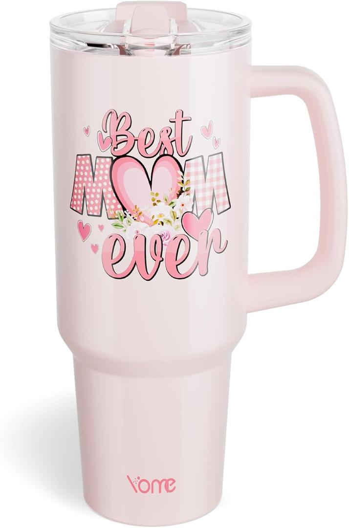 YOME 40oz Mom Tumbler with Handle and Flip Straw | Stainless Steel Best Mom Ever Gifts Insulated Water Bottle | Keeps Drinks Cold | Dishwasher Safe | Cupholder Friendly | Gym Travel Yoga