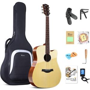 Rosen G31 Dreadnought Acoustic Guitar Soild Spruce Top 41 Inch Guitarra Full Size Cutaway with Gloss Finish Bundle Starter Kit with Gig Bag, Strings, Strap, and Picks, Natural
