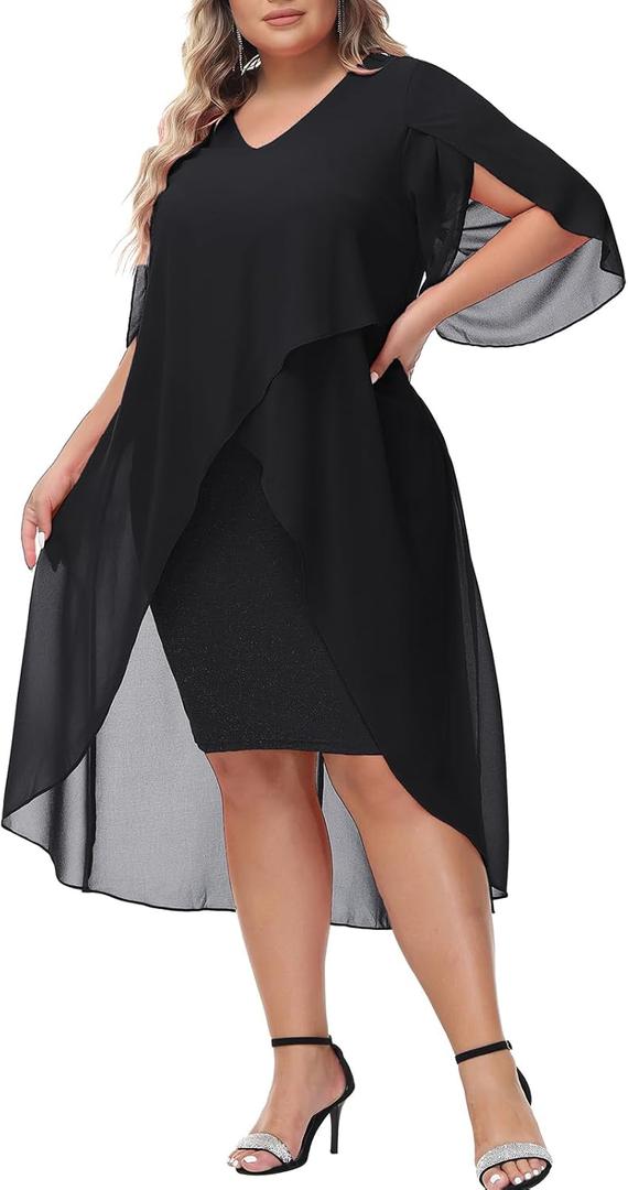 Hanna Nikole Womens Plus Size Chiffon Cocktail Dress Ruffle 3/4 Sleeve Wedding Guest Party Dresses with High Low Hem (Large, Black)