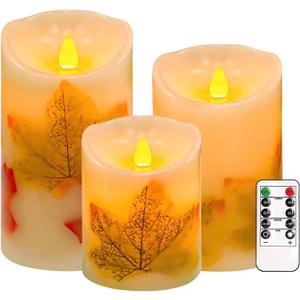 Flameless Candles Lights,Set of 3 Maple Leaf Flickering LED Candles with Remote & Timer, Dimmable LED Pillar Candles Battery Operated, Electric Candles for Thanksgiving Halloween Fall Harvest Decor (Warm)