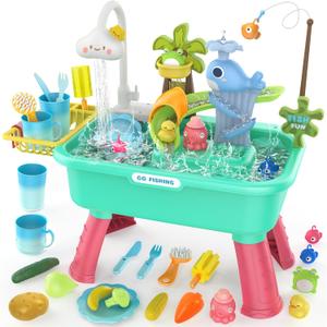 Kitchen Play Sink Toys with Running Water for Kid,4-in-1 Electric Water Table Toy with Animals, Food, Tableware Accessories,Color Changing Pretend Role Birthday Toy for Boy and Girl (Blue)