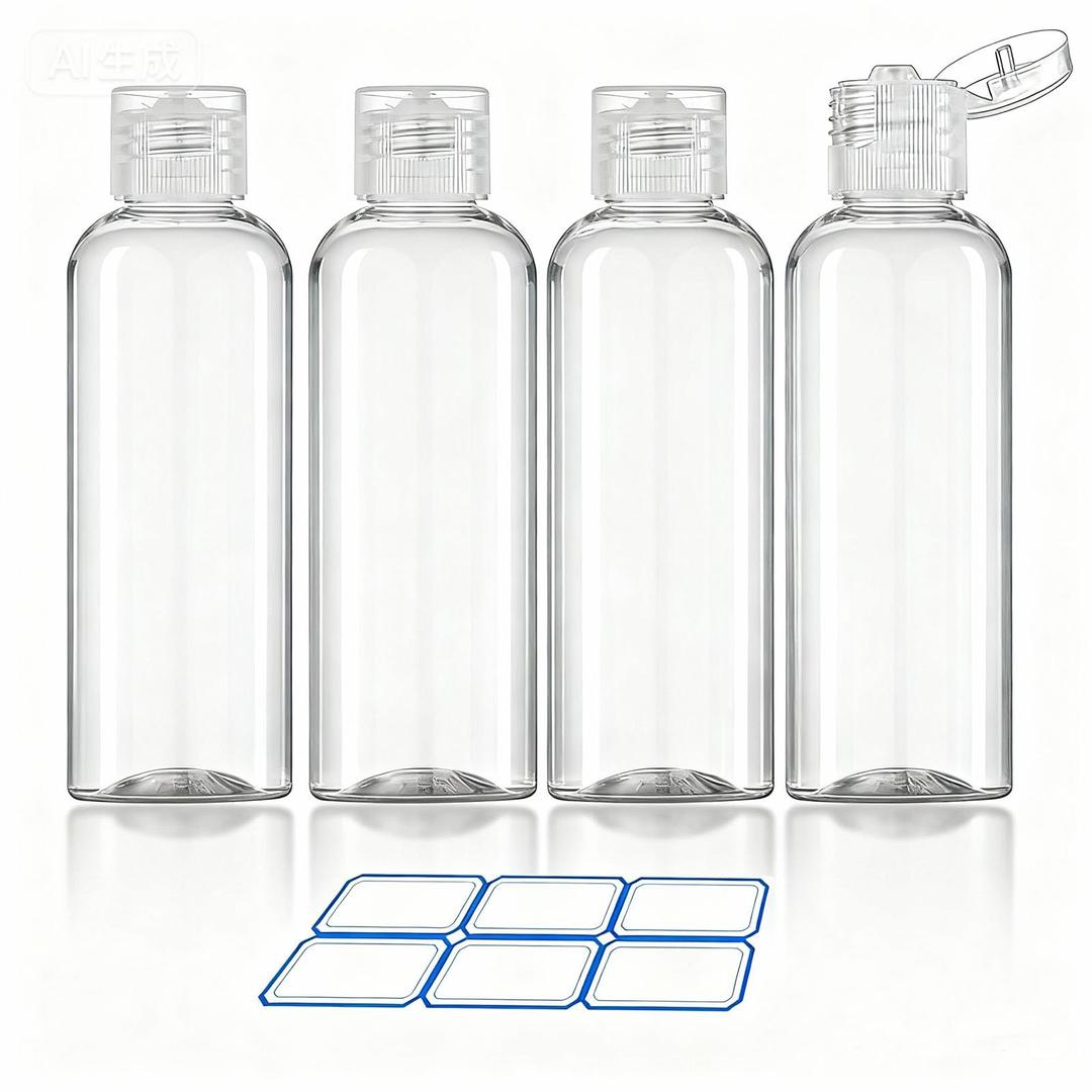 4 Pack 3.4 Oz (100ml) TSA Approved Travel Bottles for Toiletries, Leak Proof Plastic Travel Essentials Accessories with Labels | 4 Pack, TSA Approved, for Toiletries, Leak Proof, with Labels