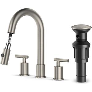 Brushed Nickel Pull Down Bathroom Faucet with Pop-up Drain, 8 inch Widespread Bathroom Faucet 3 Hole with Pull Down Sprayer 2 Modes, 8'' Brushed Nickel Bathroom Faucet with Supply Lines