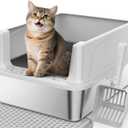 FURTIME Stainless Steel Cat Litter Box with Lid  High-Sided Metal Litter Pan for Small Cats, Kitty Litter Box Non-Stick, Odor-Resistant, Anti-Urine Leakage, Easy to Clean, Includes Scoop and Mat (Medium, Silver)