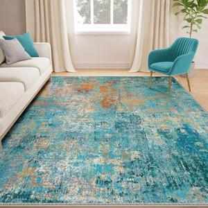 RELEANY Washable Area Rugs 5'x7' Non-Slip Modern Abstract Soft for Living Room Entryway Bedroom Nursery, Print Pattern, Teal Blue Green Orange Rust Red Colorful
