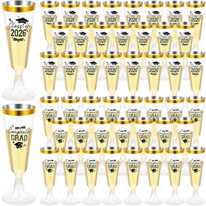 Sunnyray 40 Pack Plastic Graduation Champagne Flutes, 5 oz Disposable Plastic Champagne Glasses, Clear Toasting Cocktail Cups for Graduation Celebration Banquet Party Favors Supplies (Clear,Gold Rim)