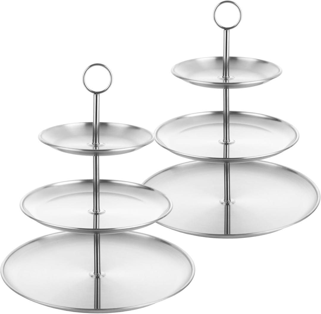 2PCS Silver Cupcake Stand 3 Tiered Dessert Stand Stainless Steel Cupcake Display Stand Party Serving Trays Silver Cake Holder for Holiday Dessert Table Decorations Birthday Wedding