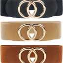 Swtddy Women's Elastic Wide Stretchy Waist Cinch Belt Waistband For Dresses (Golden O Design Black+Khaki+Camel)