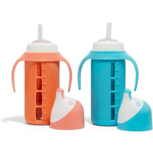 Tabor Place Set of 2 - Glass Sippy Cup for Toddlers - The Luca | Spill-Proof | Silicone Straw | Blue & Orange | 8 oz | Liquids Never Touch Plastic | Removable Handles (Blue)