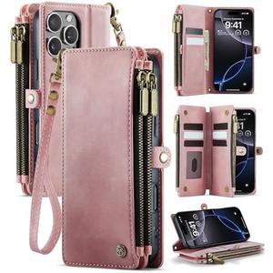 ZiFoldy for iPhone 16 Pro (6.3") Case Wallet with RFID Blocking 2-Zipper Pockets & 8-Credit Card Holder Slots & Wrist Strap | Vintage Soft PU Leather Magnetic Snap Flip Protective Phone Cover, Pink