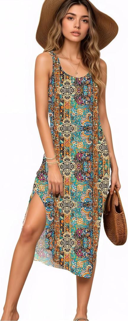 Women's Summer Midi Dress 2025 Sleeveless Floral Print Split Casual Bodycon Long Beach Sundress Travel Vacation Outfits (XL)