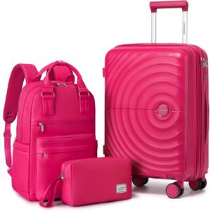 LARVENDER Carry On Luggage Set 22x14x9 Airline Approved, Expandable 20 Inch Carry-On Suitcases With Wheels, Lightweight Luggage Sets 3 Pieces With Backpack, Rose Red