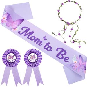 Chunful Butterfly Theme Mom to Be Sash Baby Shower Dad to Be Pin and Flower Crown Headband for Gender Reveals Party Baby Shower Party Favors Decorations for Girls Pregnancy Photo Props GiftsPurple